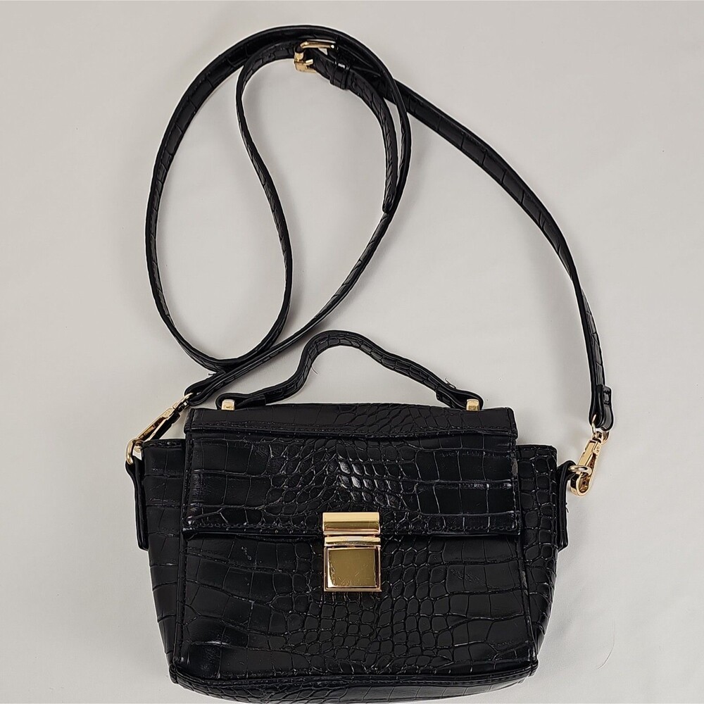 Boutique Fashion Black Faux Croc Satchel Crossbody Bag Gold Hardware L7301